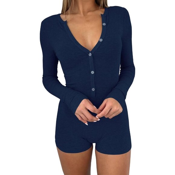 Women's Navy Blue One Piece Button Jumpsuit V Neck Romper Long Sleeve Bodysuit - Picture 2 of 4